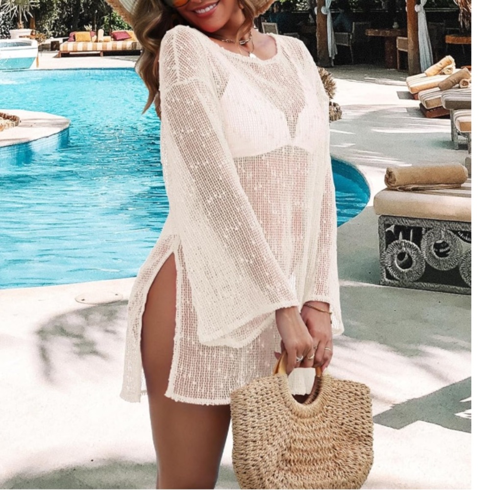 🎉New sheer sparkly crochet swimsuit coverup — boat neck, sexy beach caftan - Picture 8 of 11